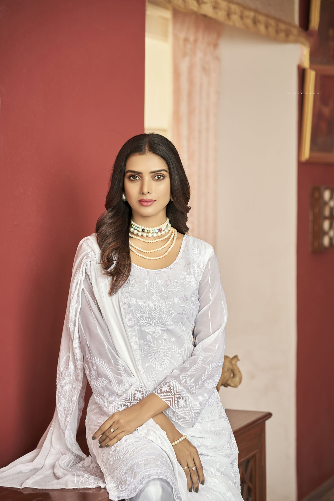 White Faux Georgette Salwar Suit | Designer Embroidery with Nazneen Dupatta