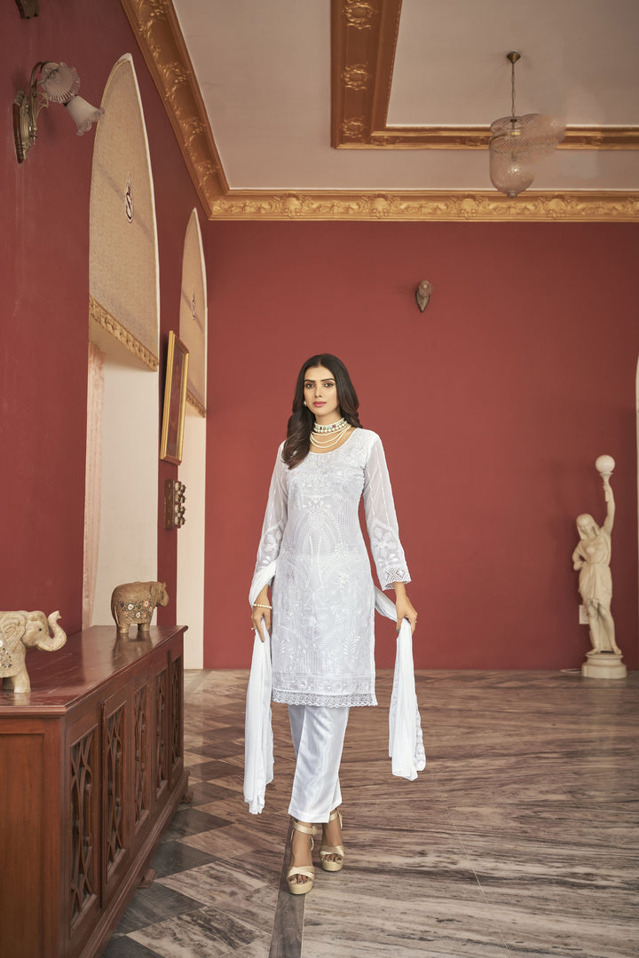 White Faux Georgette Salwar Suit | Designer Embroidery with Nazneen Dupatta