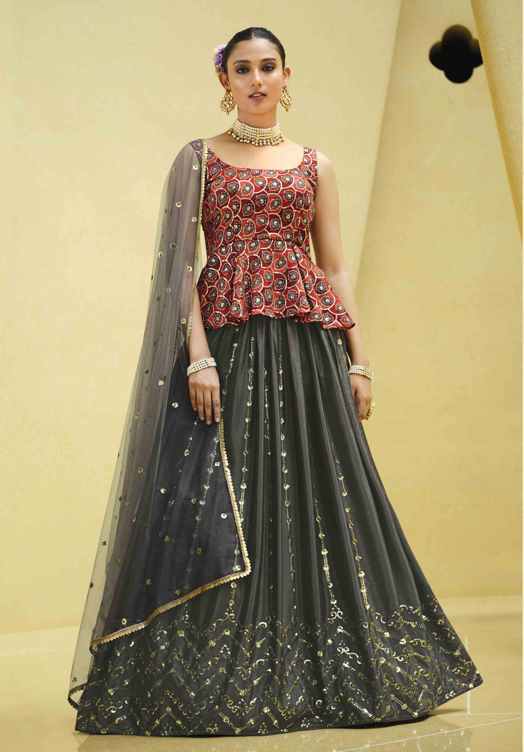 Designer Printed Art-Silk Lehenga with Sequins Embroidery | Wedding & Party