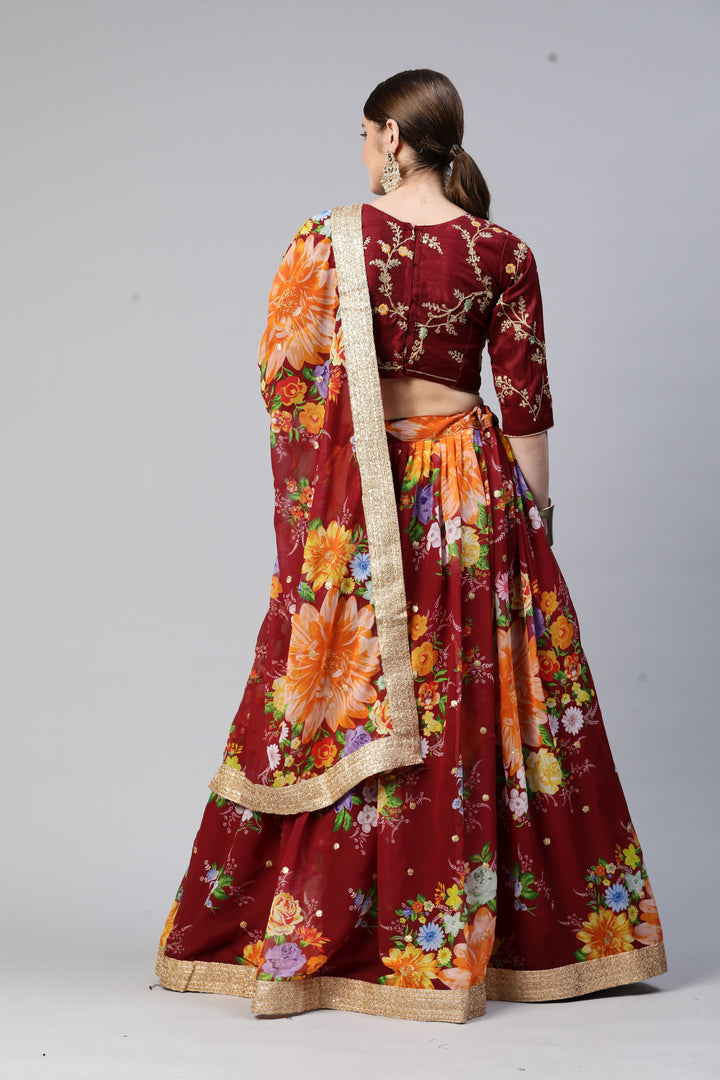 Art-Silk Floral Digital Printed Lehenga | Sequined Embroidery for Weddings