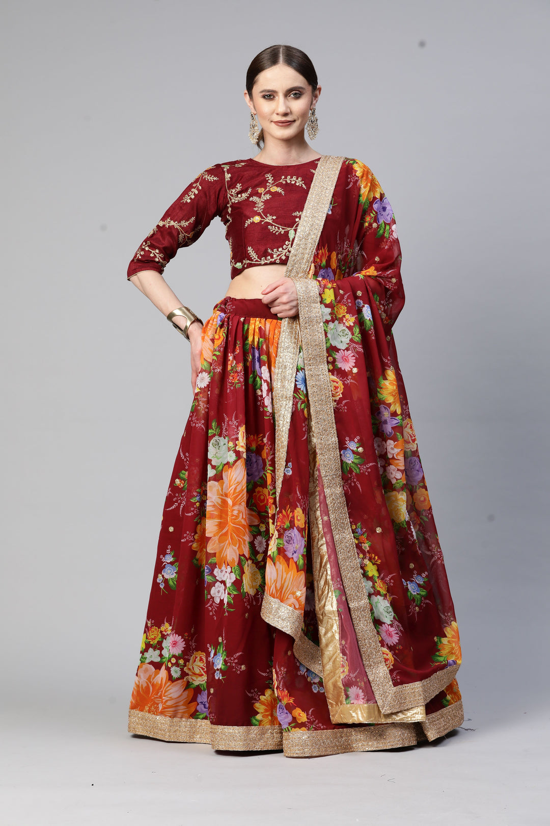 Art-Silk Floral Digital Printed Lehenga | Sequined Embroidery for Weddings