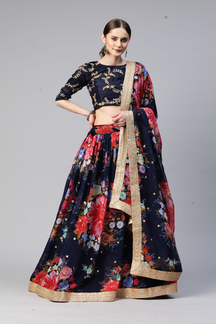 Art-Silk Floral Digital Printed Lehenga | Sequined Embroidery for Weddings