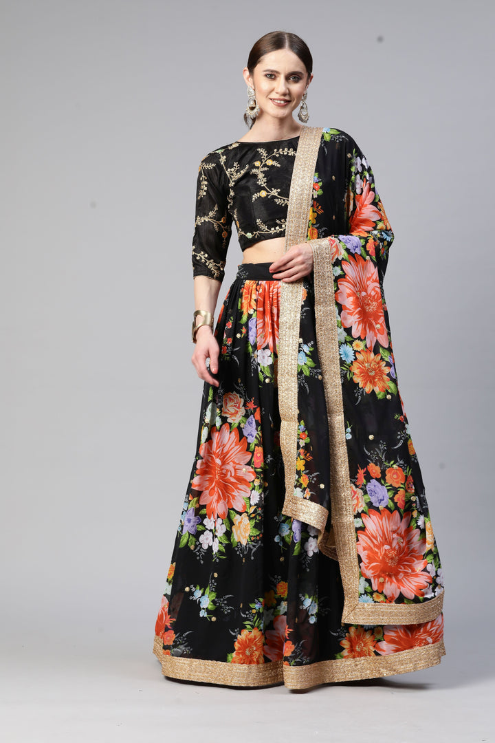 Art-Silk Floral Digital Printed Lehenga | Sequined Embroidery for Weddings