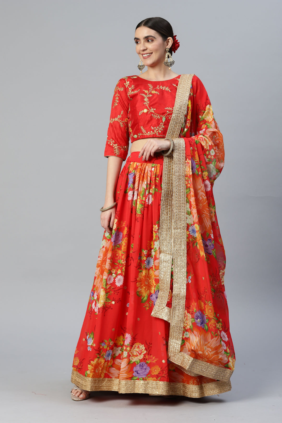 Art-Silk Floral Digital Printed Lehenga | Sequined Embroidery for Weddings