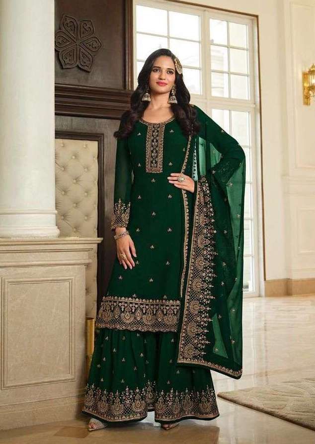 Designer Embroidered Faux-Georgette Sharara Suit | Full Sleeve, Round Neck