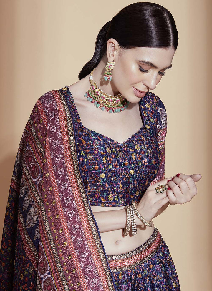 Designer Digital-Printed Chinon Lehenga | Embroidered Crochet Detail for Events