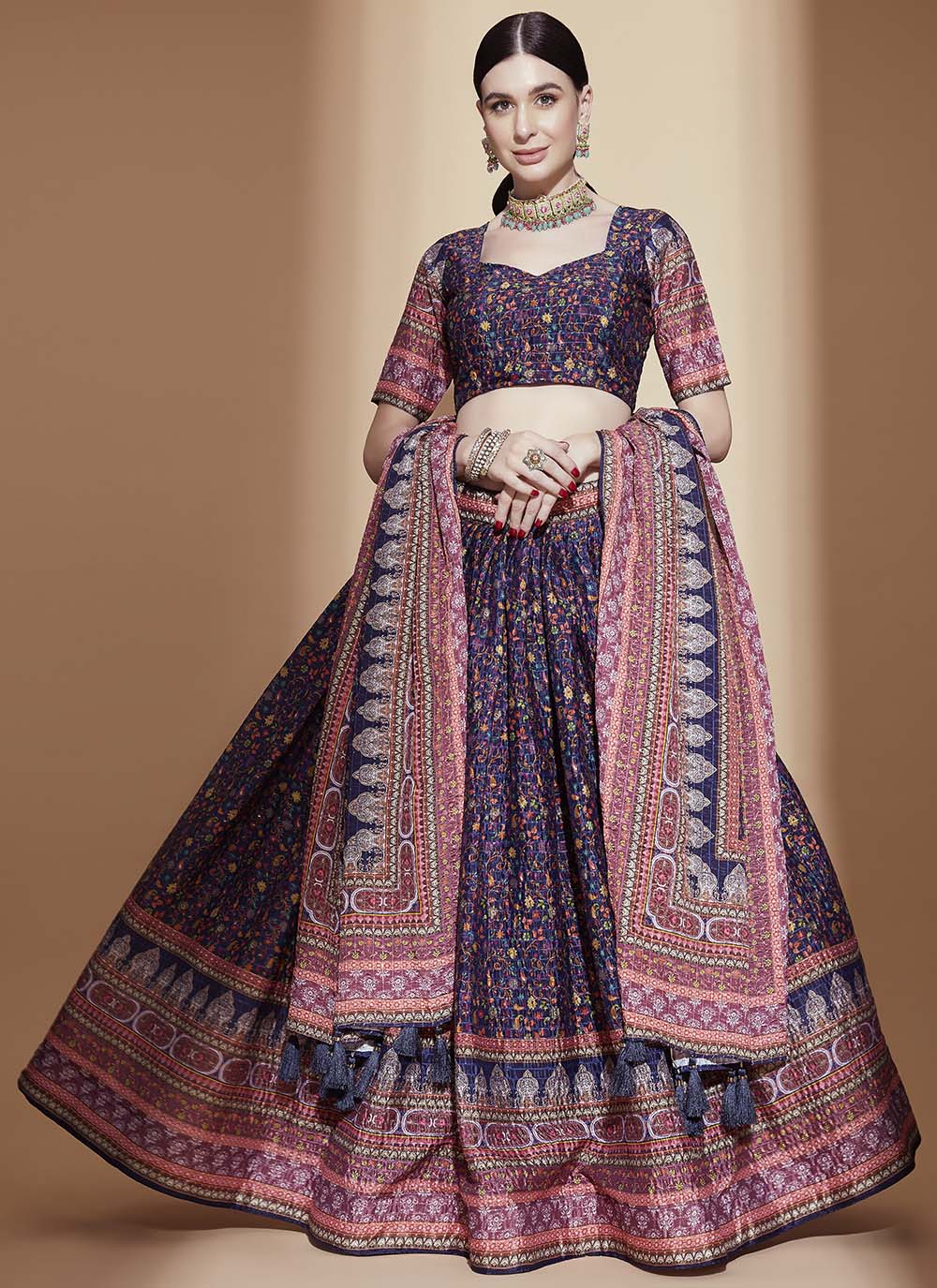 Designer Digital-Printed Chinon Lehenga | Embroidered Crochet Detail for Events