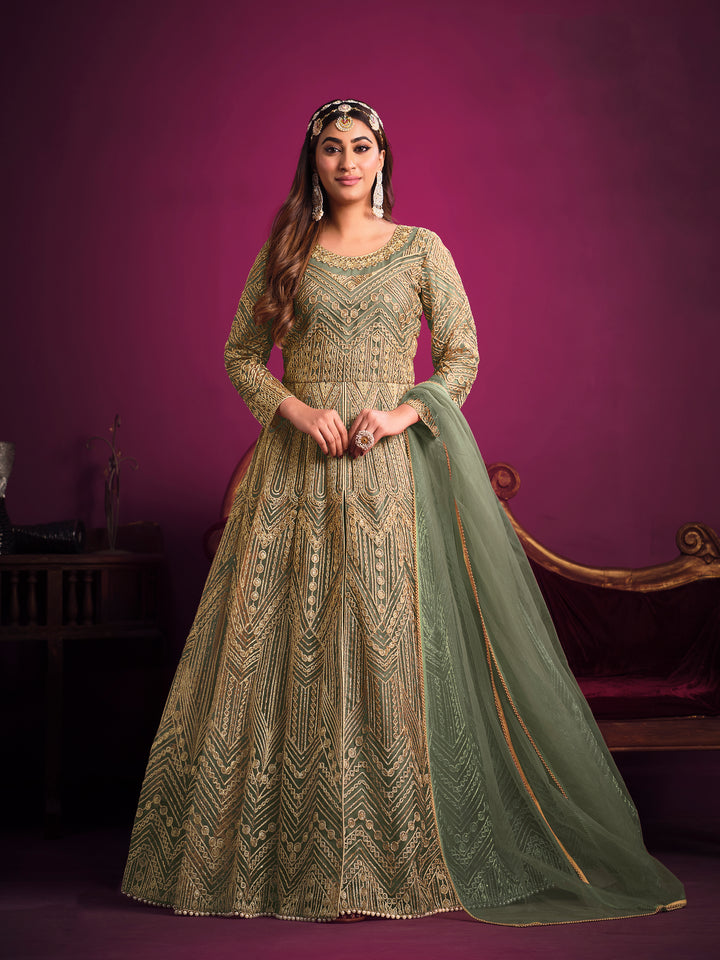 Designer Embroidered Anarkali Dress | Net Top & Santoon Bottom | Wedding & Party Wear