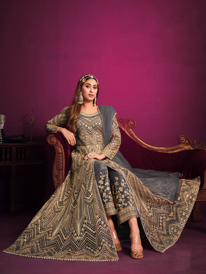 Designer Embroidered Anarkali Dress | Net Top & Santoon Bottom | Wedding & Party Wear