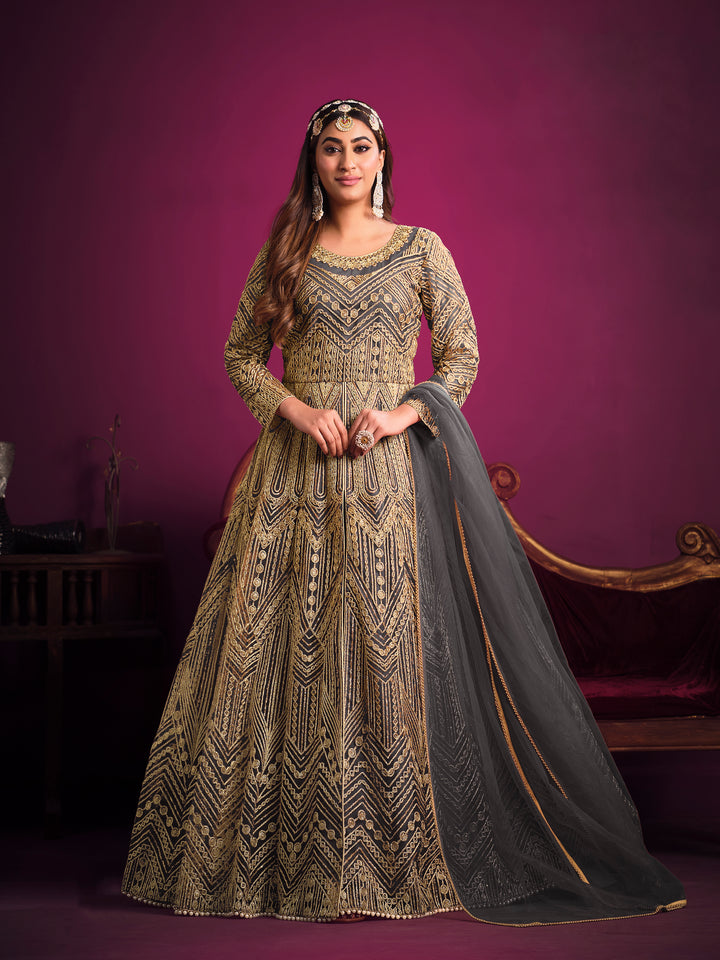 Designer Embroidered Anarkali Dress | Net Top & Santoon Bottom | Wedding & Party Wear