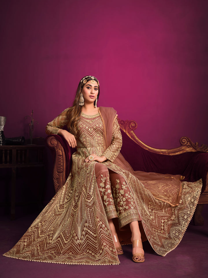 Designer Embroidered Anarkali Dress | Net Top & Santoon Bottom | Wedding & Party Wear