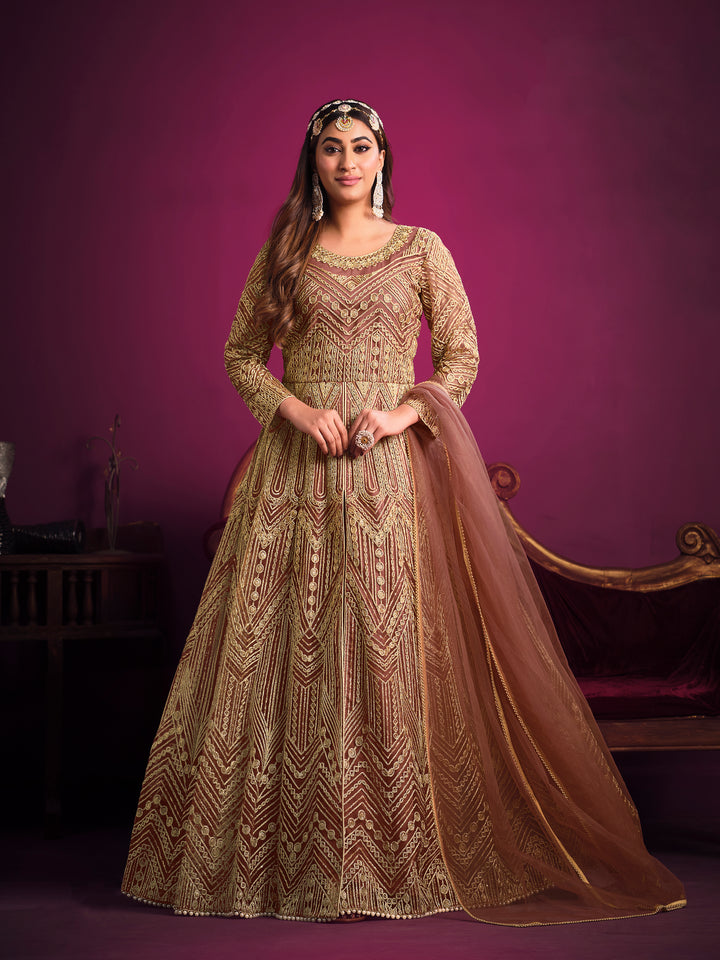 Designer Embroidered Anarkali Dress | Net Top & Santoon Bottom | Wedding & Party Wear