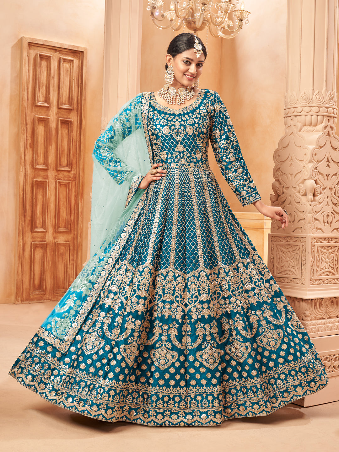 Heavy Designer Embroidered Anarkali | Art Silk Top & Santoon Bottom