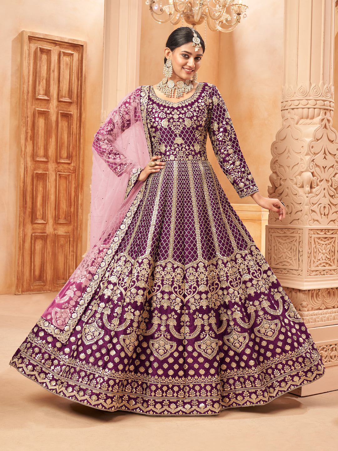 Heavy Designer Embroidered Anarkali | Art Silk Top & Santoon Bottom