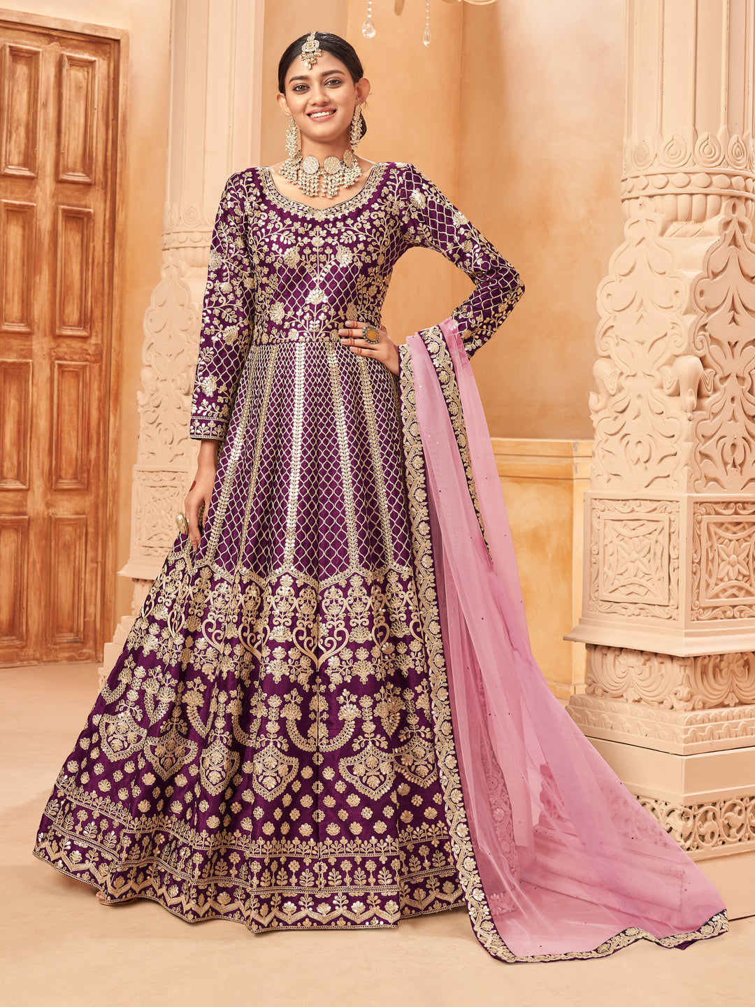 Heavy Designer Embroidered Anarkali | Art Silk Top & Santoon Bottom