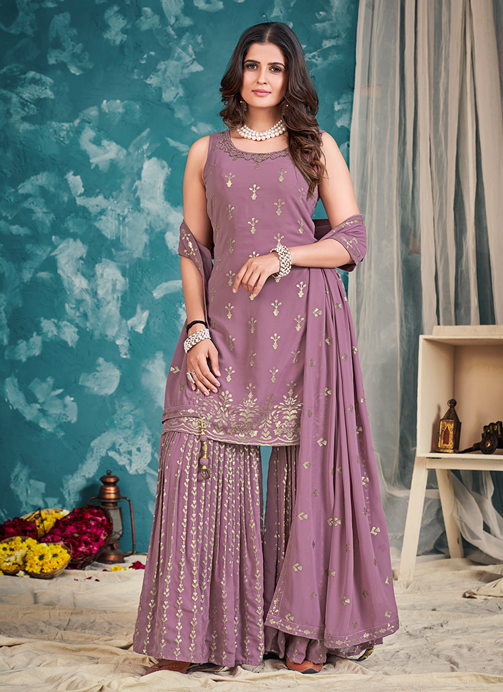 Designer Georgette Sharara Suit | Thread & Sequin Embroidery for Weddings