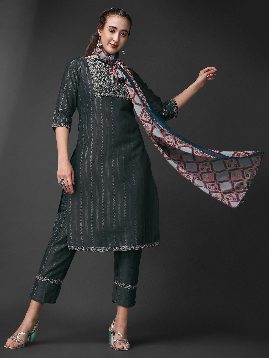 Elegant Gray Chinon Salwar Suit | Embroidered Kameez and Dupatta Set