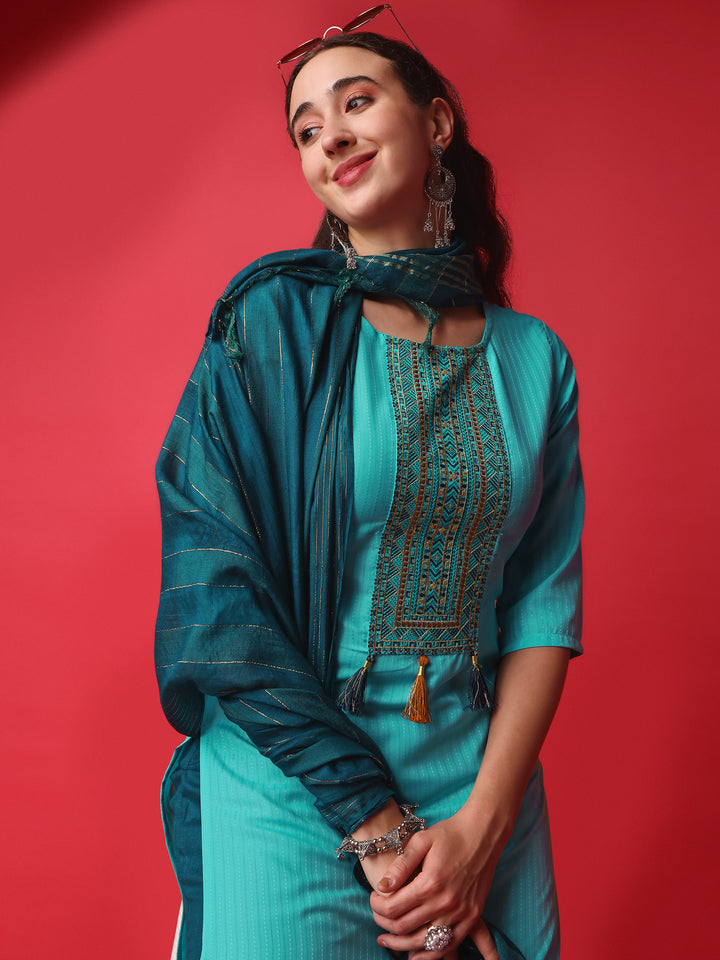 Sky Blue Viscose Rayon Suit | Designer Sequins Embroidery with Nylon Dupatta