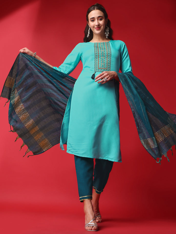 Sky Blue Viscose Rayon Suit | Designer Sequins Embroidery with Nylon Dupatta