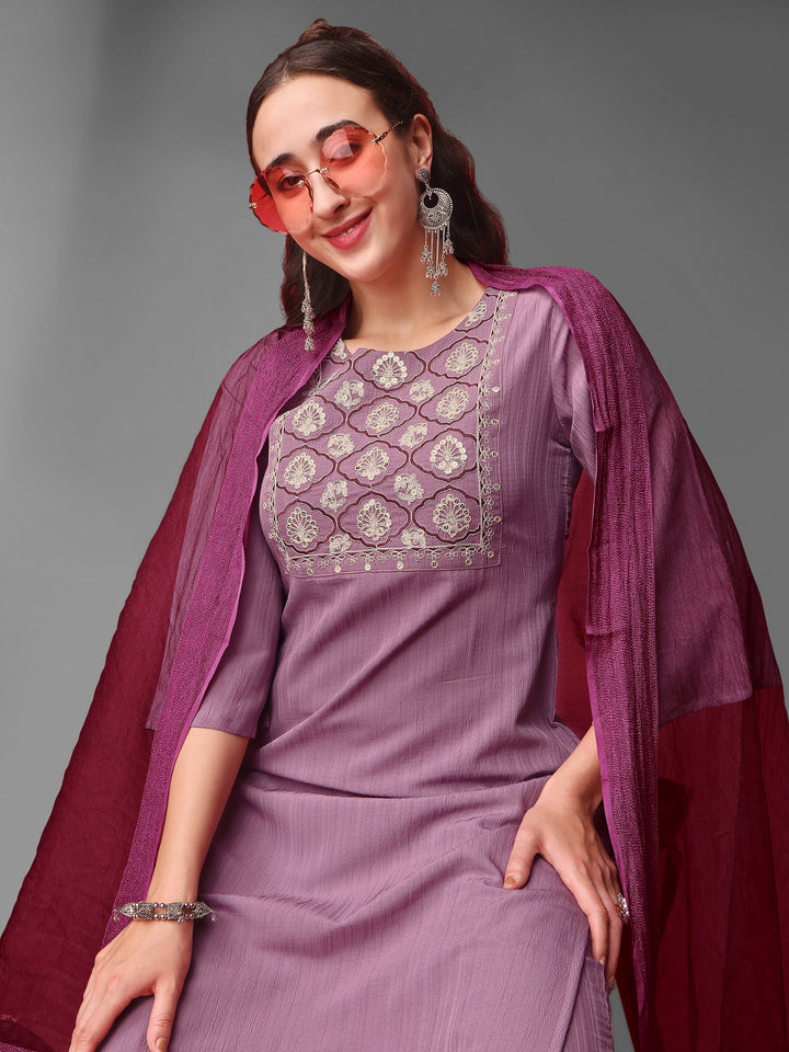 Elegant Purple Salwar Suit | Silk Blend Embroidered Kameez and Organza Dupatta