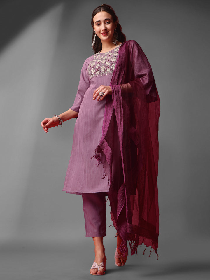 Elegant Purple Salwar Suit | Silk Blend Embroidered Kameez and Organza Dupatta