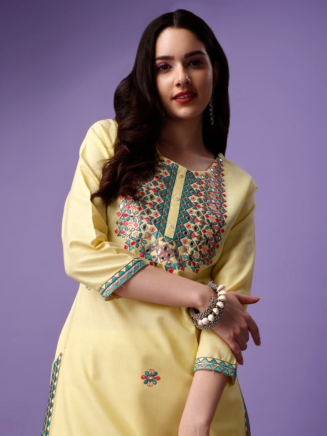 Elegant Yellow Salwar Suit | Embroidered Kameez and Cotton Blend Bottom