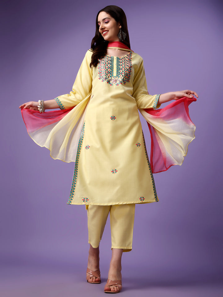 Elegant Yellow Salwar Suit | Embroidered Kameez and Cotton Blend Bottom