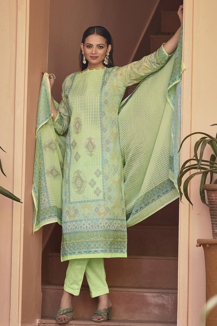 Elegant Green Cotton Suit | Printed Straight-Cut Kameez with Dupatta