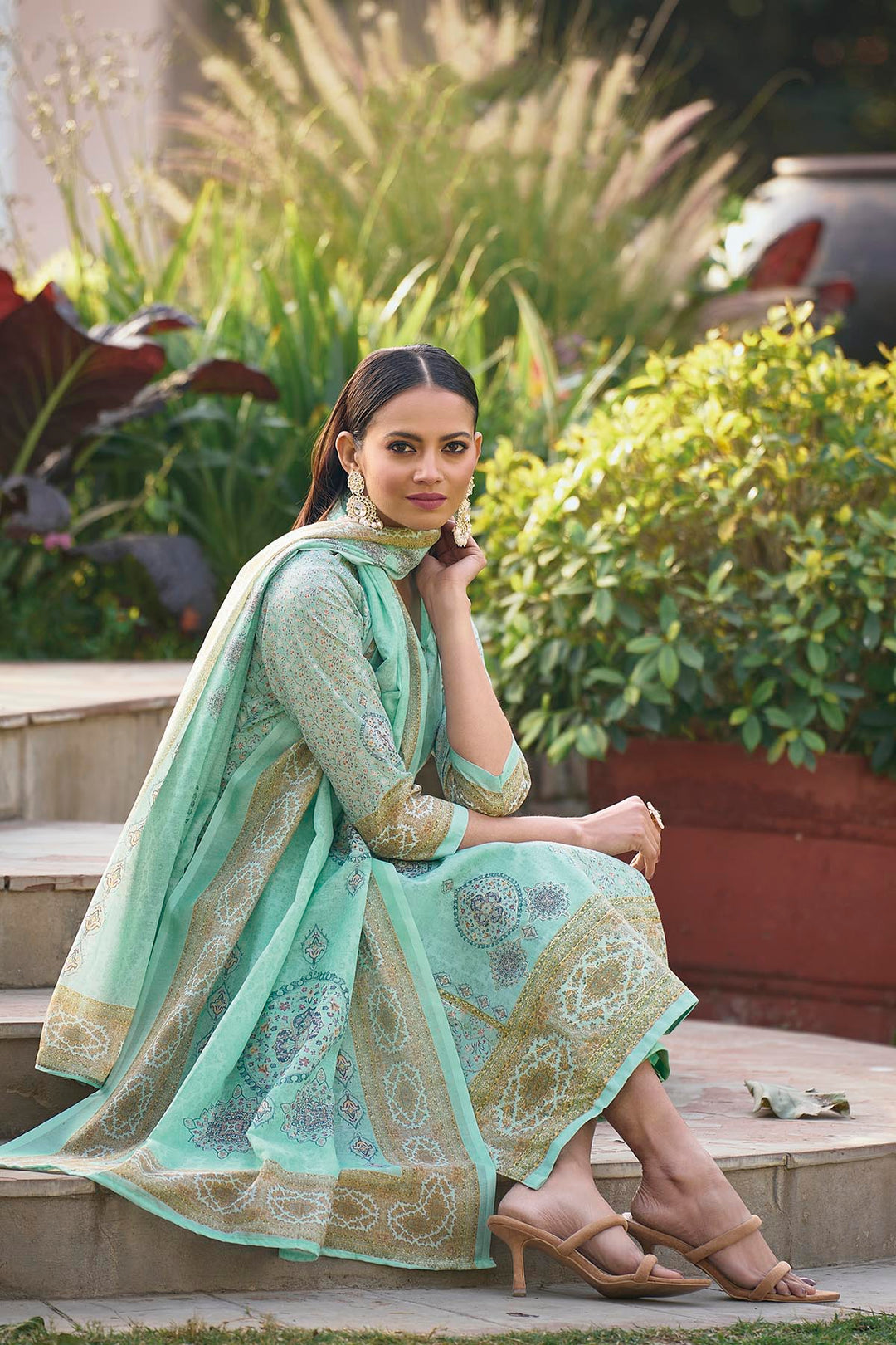 Elegant Sea Green Cotton Suit | Printed Straight-Cut Kameez with Dupatta