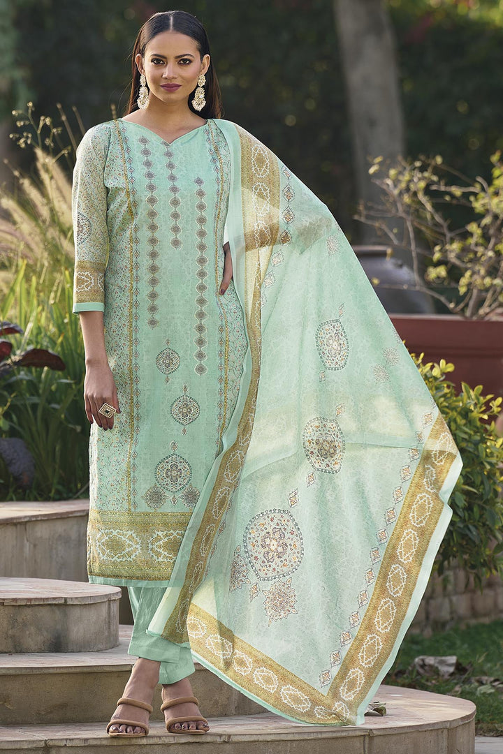 Elegant Sea Green Cotton Suit | Printed Straight-Cut Kameez with Dupatta