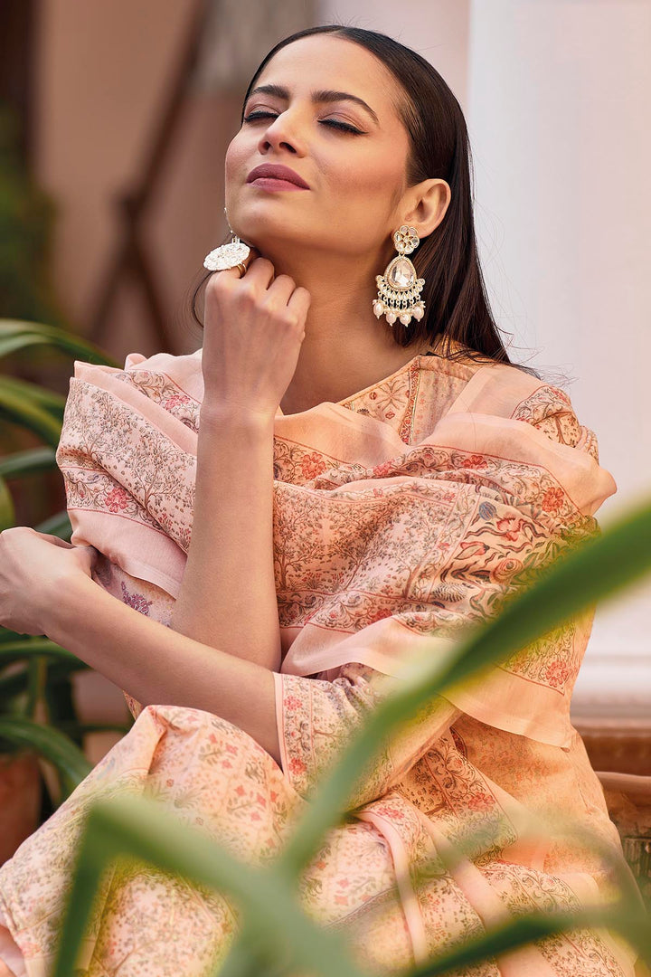 Elegant Peach Cotton Suit | Printed Straight-Cut Kameez with Dupatta