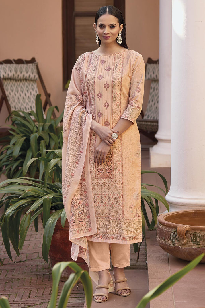 Elegant Peach Cotton Suit | Printed Straight-Cut Kameez with Dupatta