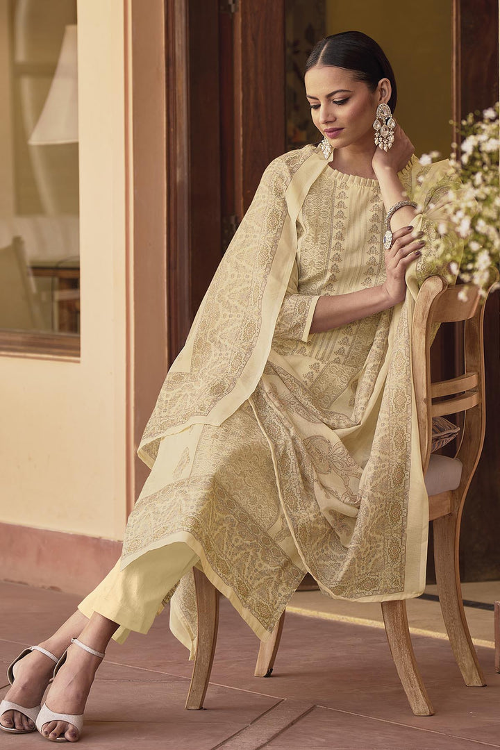 Elegant Yellow Cotton Suit | Printed Straight-Cut Kameez with Dupatta