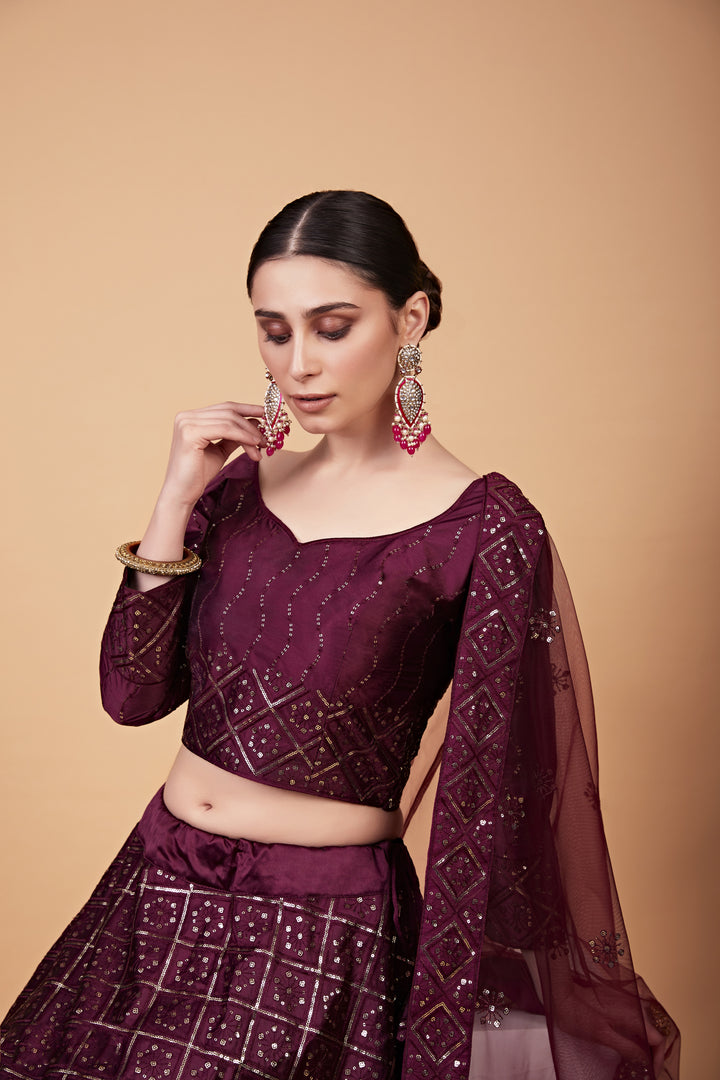 Luxurious Wine Tebi Silk Lehenga with Wine Dupatta | A Graceful Addition to Your Wardrobe