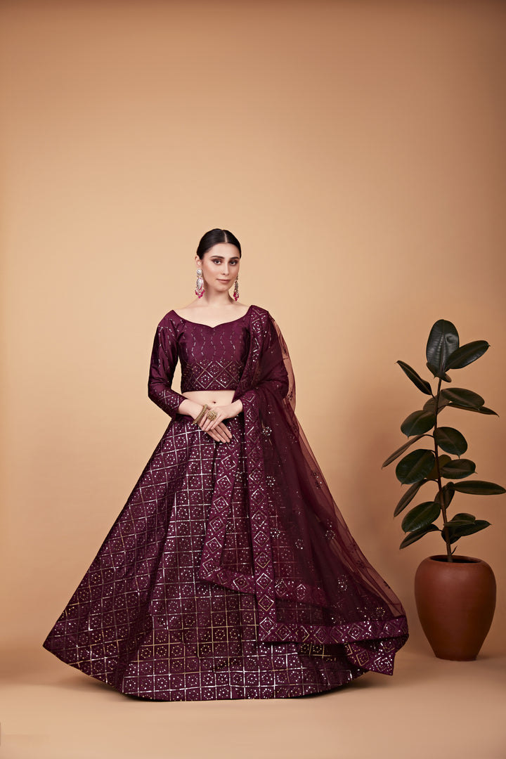 Luxurious Wine Tebi Silk Lehenga with Wine Dupatta | A Graceful Addition to Your Wardrobe