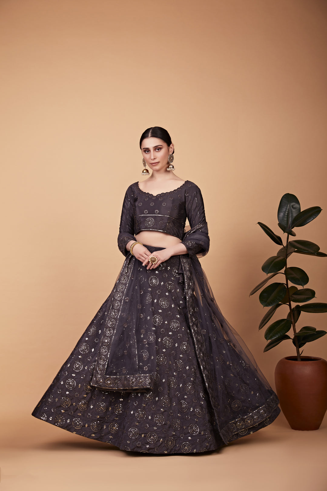 Elegant Gray Tebi Silk Lehenga with Gray Dupatta | A Stylish and Sophisticated Choice