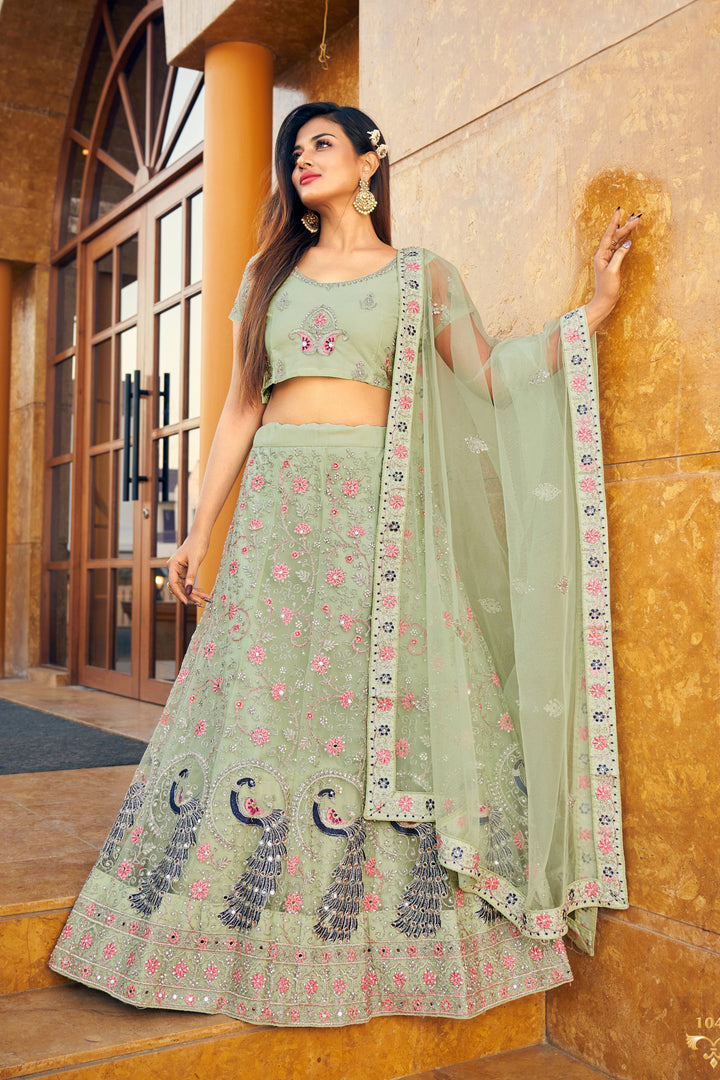 Sophisticated Mint Green Soft Net Lehenga with Mint Green Dupatta | A Captivating Traditional Ensemble