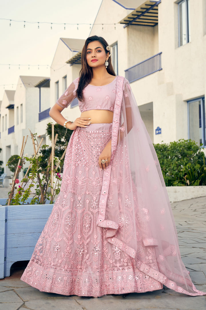 Elegant Light Pink Soft Net Lehenga with Light Pink Dupatta | An Exclusive Designer Masterpiece