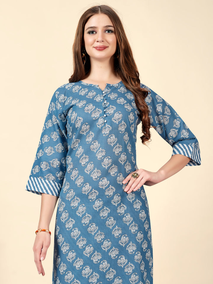 Light Blue Cotton Kurti with Bottom | Designer Printed Ethnic Outfit