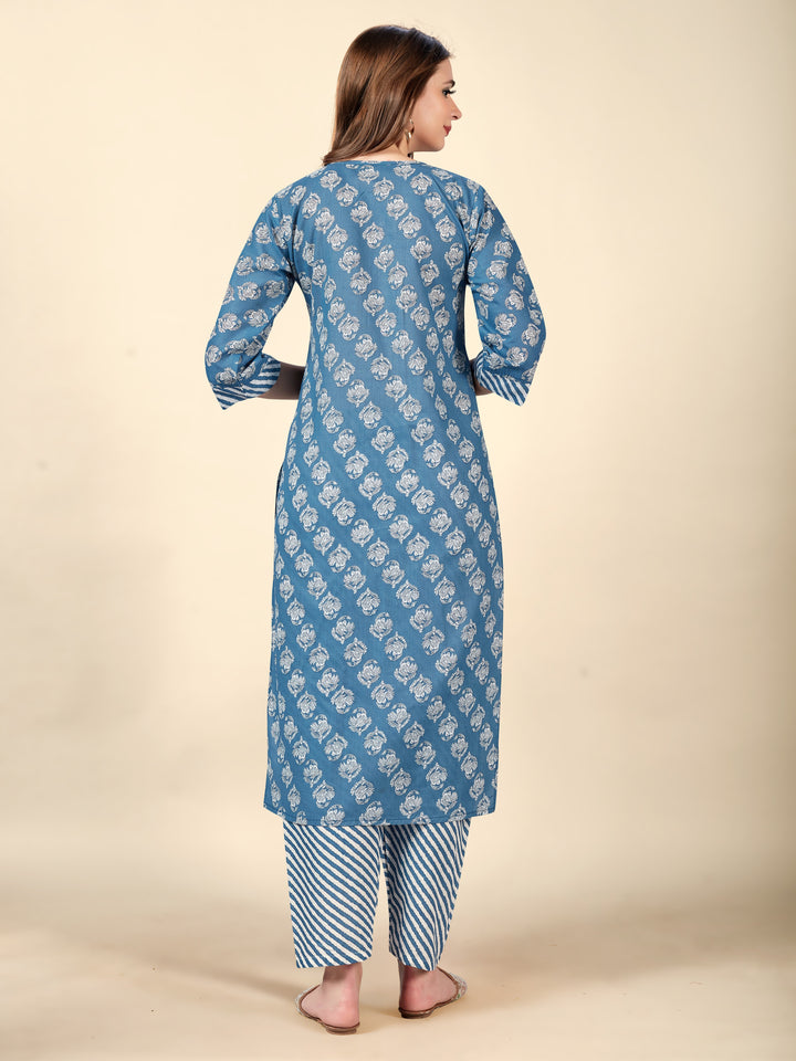 Light Blue Cotton Kurti with Bottom | Designer Printed Ethnic Outfit