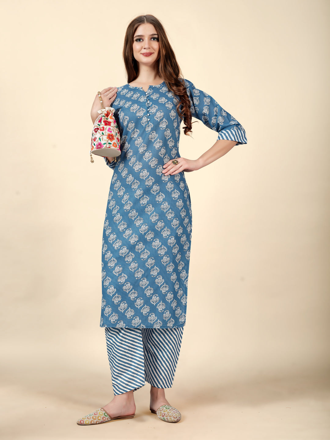 Light Blue Cotton Kurti with Bottom | Designer Printed Ethnic Outfit