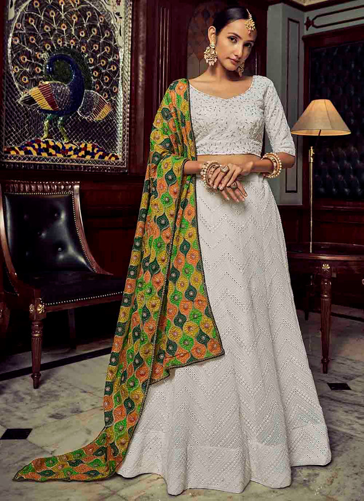 Stunning White Georgette Lehenga with Green Dupatta | Crafted for Timeless Elegance