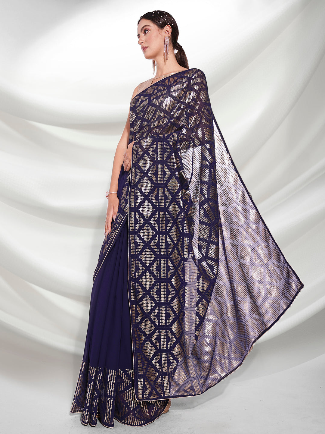 Navy Blue Georgette Saree | Sequined Embroidery for Weddings & Parties