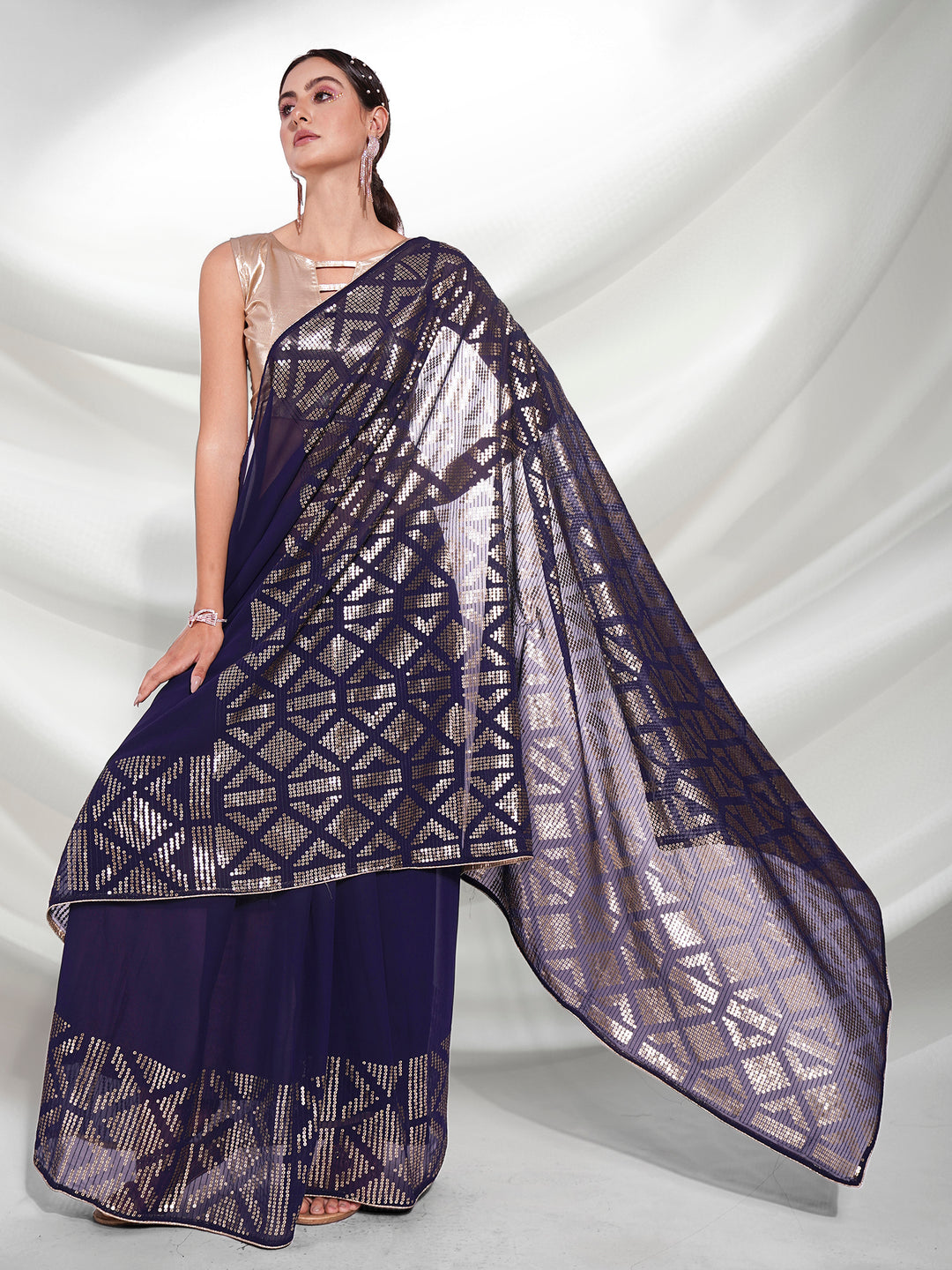 Navy Blue Georgette Saree | Sequined Embroidery for Weddings & Parties