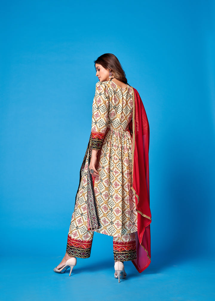 Off-White Rayon Palazzo Suit | Designer Printed with Georgette Dupatta