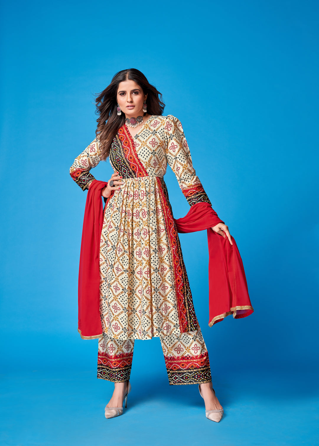 Off-White Rayon Palazzo Suit | Designer Printed with Georgette Dupatta