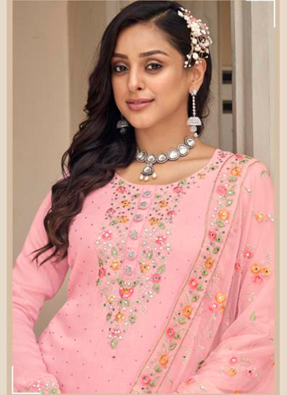 Pink Faux Georgette Salwar Suit | Embroidered with Diamond Work Dupatta