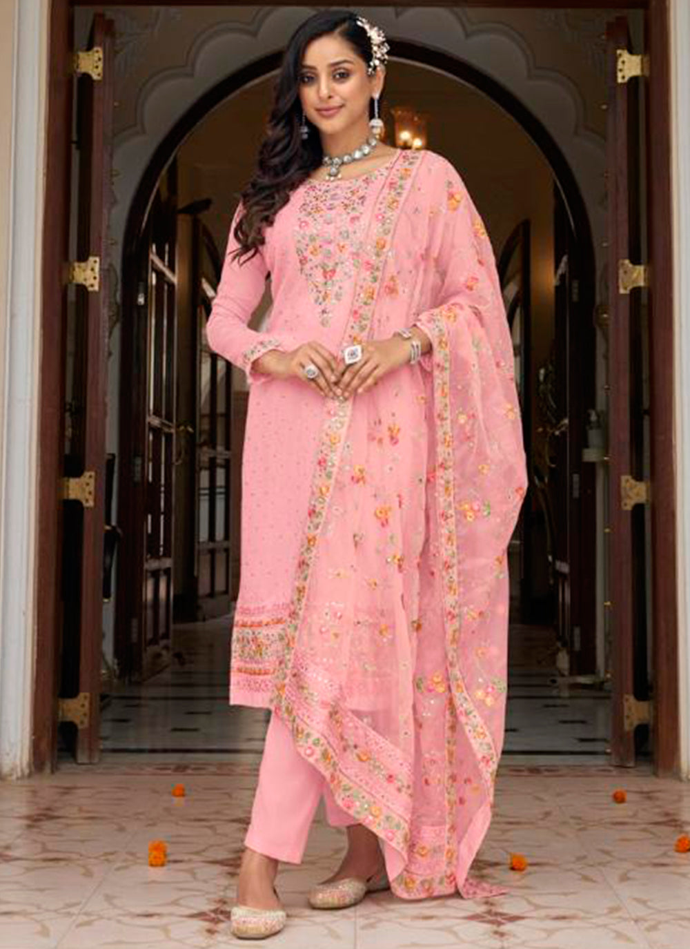 Pink Faux Georgette Salwar Suit | Embroidered with Diamond Work Dupatta