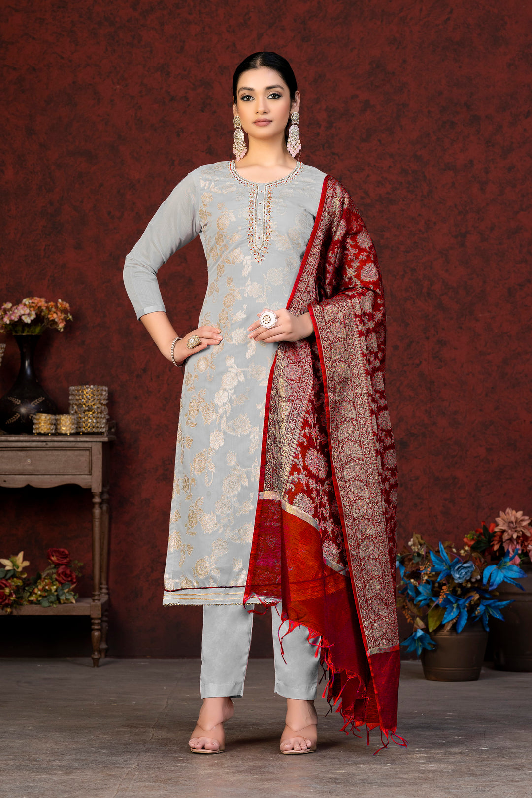 Peach Banarasi Silk Salwar Suit | Jacquard Designer with Santoon Bottom