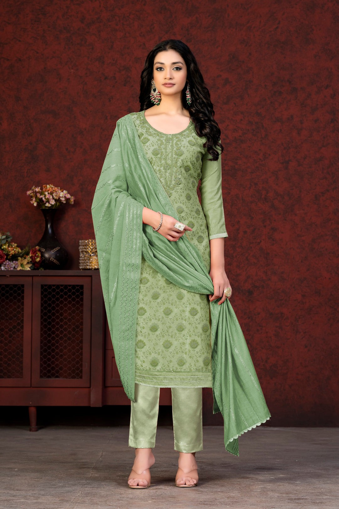 Modal Silk Salwar Suit | Green Soft Banarasi Dupatta with Printed Hand Work